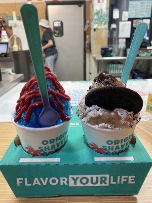 We ordered the small Oreo with vanilla ice cream and a sour patch blue raspberry snow cone.