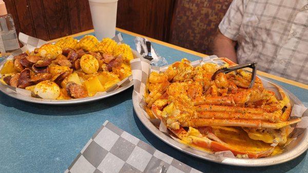 Meal for two: 3 crab clusters, 20 shrimp, lots of sausage, 3 eggs, 4 pieces of corn, and delicious potatoes!