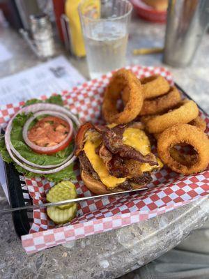 Double bacon cheeseburger w/ onion rings