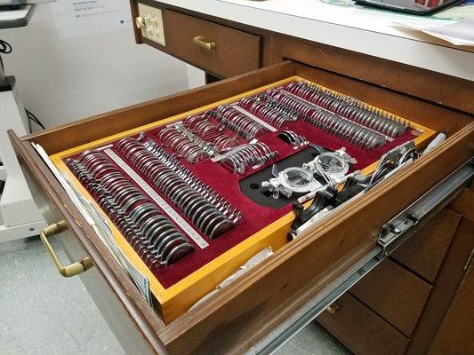 Cool drawer of lenses Dr. Wong uses to test your eyeglass prescription before the glasses are ordered.