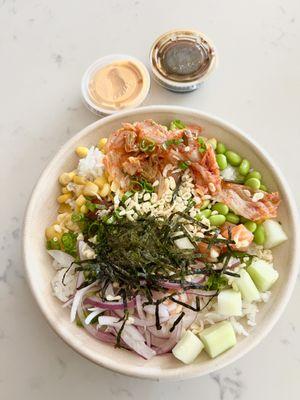 2 protein customizable bowl with sesame shoyu and sriracha mayo on the side