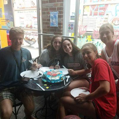 THEY COULDN'T WAIT TO DIG IN TO HIS BIRTHDAY ICE CREAM CAKE!