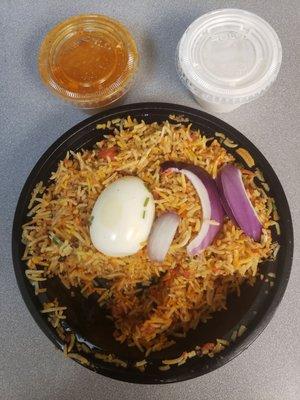 Chicken biriyani ($14) with yogurt and curry sauce