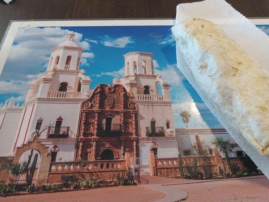 Epic Burrito with a Tucson Arizona church for backdrop! The burrito tastes pretty decent.