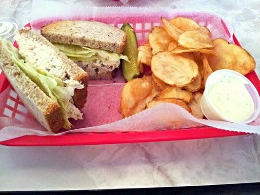 Chicken salad on rye with homemade chips & ranch dressing.