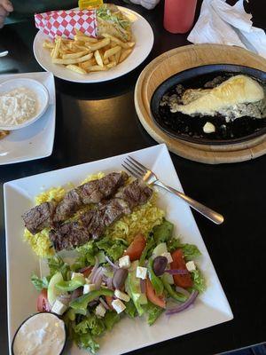 Beef souvlaki, Chicken Gyro, and saganaki