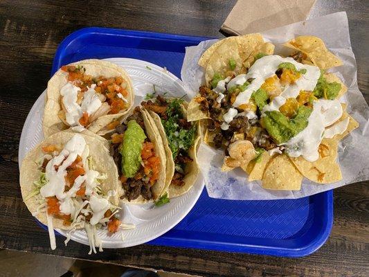 Shrimp Taco, Pastor Taco, Chicken Taco, Carne Asada Taco, and Surf and Turf Nachos