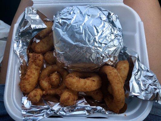 Cheese bites and onion rings.