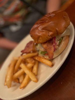 Baking chicken sandwich with french fries