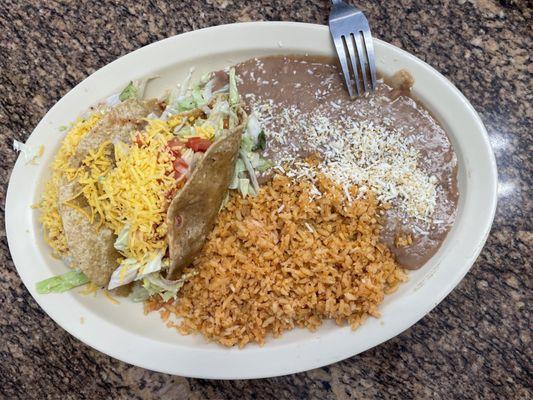 Hard tacos, beans and rice