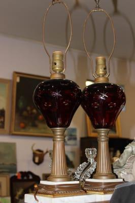 Set of marble and brass lamps with ruby red crystal .