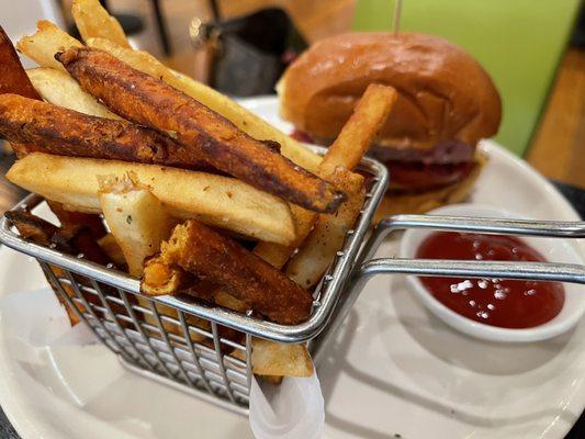 Grilled tuna burger with regular and sweet potato fries