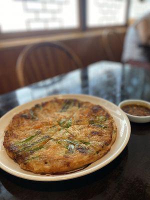 hae mool pajun (savory seafood and scallion pancakes)