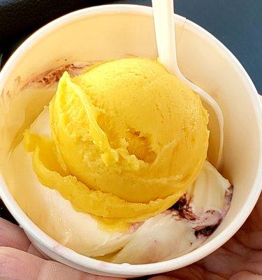 Mango Lassi sorbet on top of cherry blossom custard