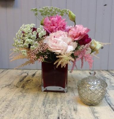 Who does not love a Peony?  Lovely pink pink peonies are available winter and spring.  This bouquet of peony, astilbe and que...