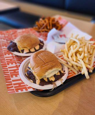 2 Single Smash Cheeseburger,  Fries and Sweet Potato Fries