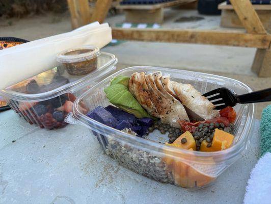 Chicken protein bowl & fruit plate, tub side