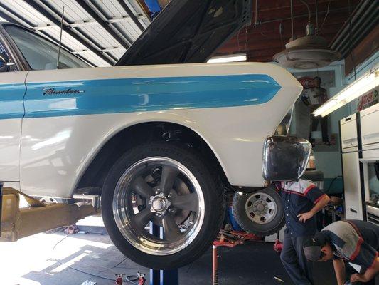 Complete resto mod front end. Built by Car Shop Fremont.  Power steering, disc brake conversion, coilovers