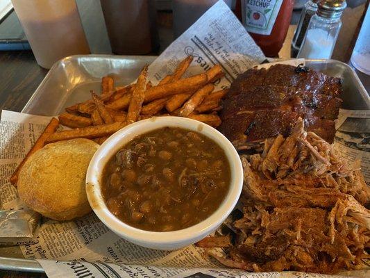 Pulled pork, ribs, beans, sweet potato fries and a cornbread muffin! Go for the beans!