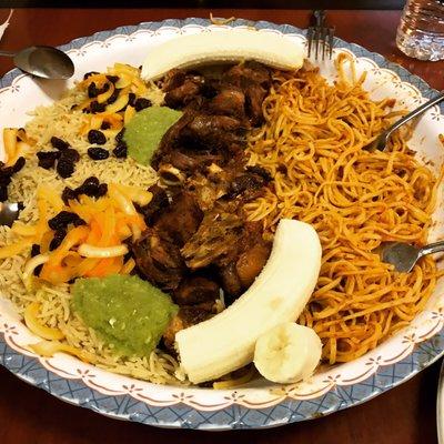 Goat + pasta + rice platter = delicious!!