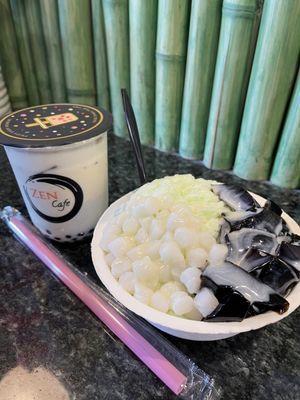 jasmine green milk tea, honeydew shaved ice topped with mochi, herbal jelly, and condensed milk