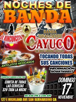 Vengan a disfrutar de la banda en vivo este domingo 17 de noviembre en el Rinconcito bar and grill