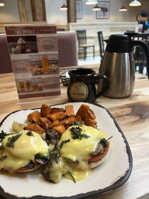 Farm fresh eggs Benedict & sweet potatoes  Coffee