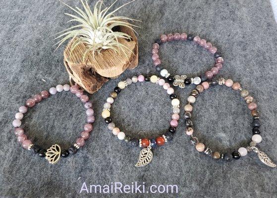 Lepidolite, rhodonite, citrine and fire agate, personalized bracelets with intentions and reiki infused.