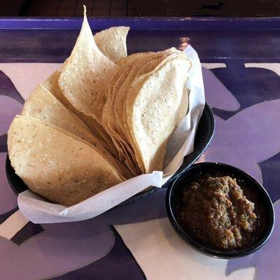 Complimentary Thin and Crispy Chips with Choice of Mild or Hot Salsa (Hot Shown)