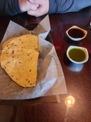 Homemade crackers and sauces served to all tables.