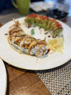 Shrimp tempura roll and caterpillar roll.