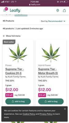 Menu on leafly that doesn't match