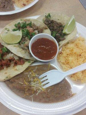 Taco plate $6.49 with pastor, carnitas and fajita meat