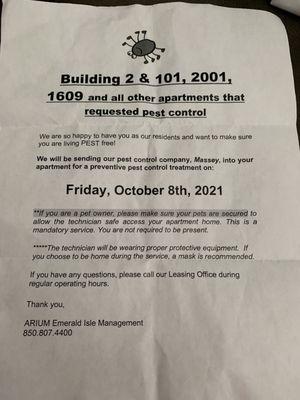 The flyer specifically calling out certain apartments that requested pest control , pest control never came by the way