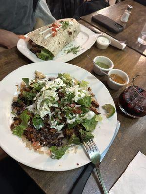 Giant burrito and Al pastor burrito bowl with Jamaica juice