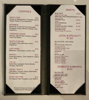 Cocktail menu and beer menu