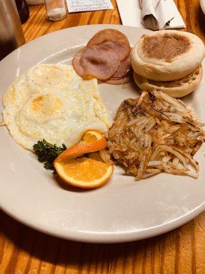 Canadian bacon two hash brown English muffins ,very good breakfast for two was reasonable priced for quality and came out quickly.