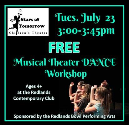 Free Musical Theater Dance Workshop sponsored by the Redlands Bowl Performing Arts