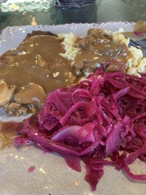 Jaegerschnitzel with red cabbage and spaezle. Yummo!