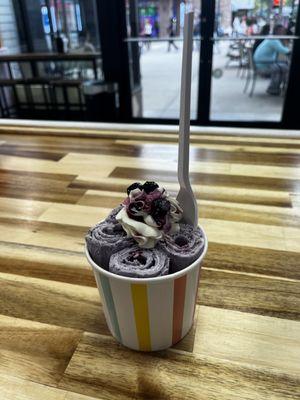 Blueberry cheesecake rolled ice cream