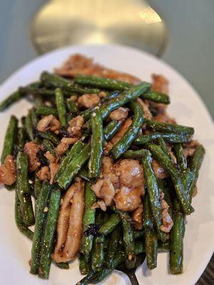 Stir fry green bean black bean sauce chicken.