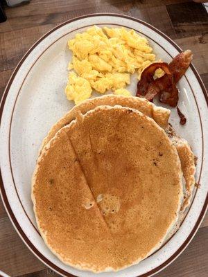 Pancake, bacon, and eggs platter