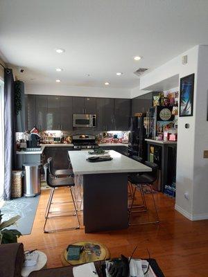 Kitchen with European cabinets, countertops, new island and wooden flooring.