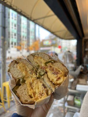 bec (bacon, egg, cheese) sandwich on cheddar jalapeno bagel