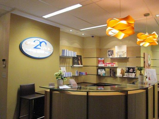 Reception area of spa, with retail Yonka skin care products