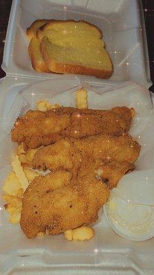 2 pieces of bread, 2 pieces of Catfish with a side order of fries!