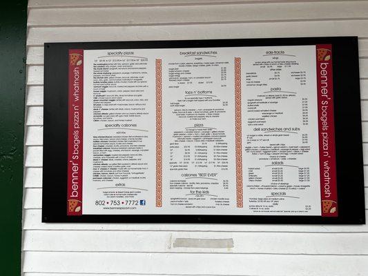 Menu (prices not adjusted for recent inflation)