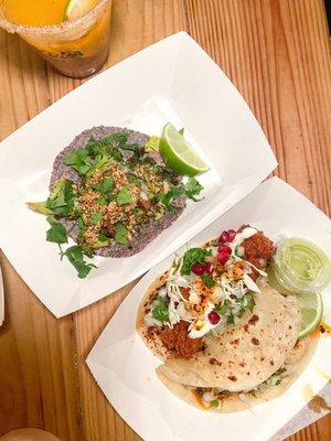 Left: broccoli taco, right: fish taco