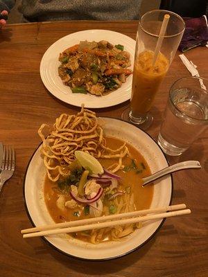 Pad zee ew with chicken, Thai iced tea, kao soi with chicken