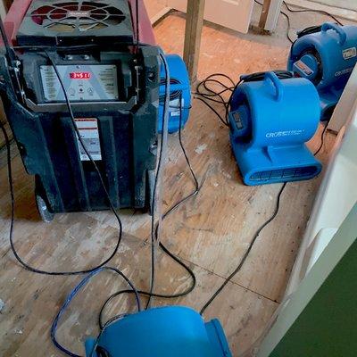 Dehumidifiers and Air Movers in a Water Damaged Bathroom